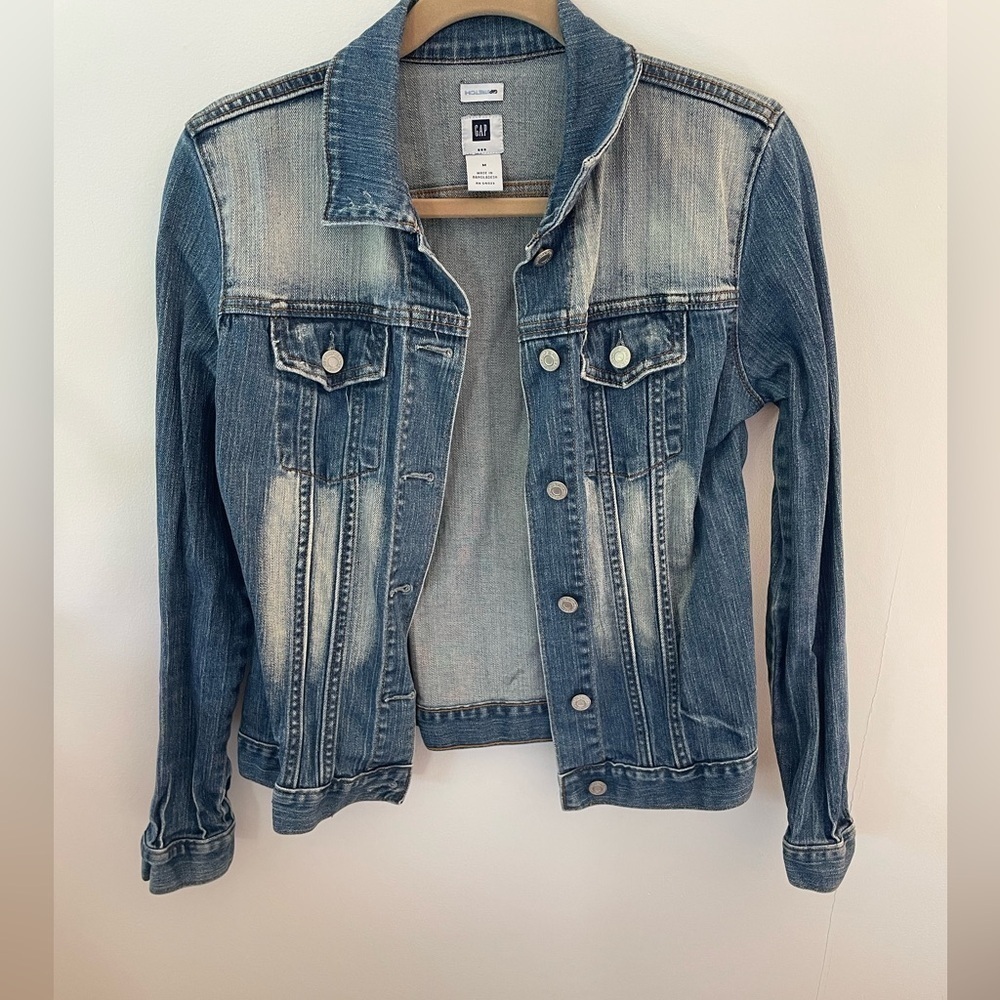 Gap Womens Blue Jean Denim Jacket Size L Stretch Cotton Distressed Button Front